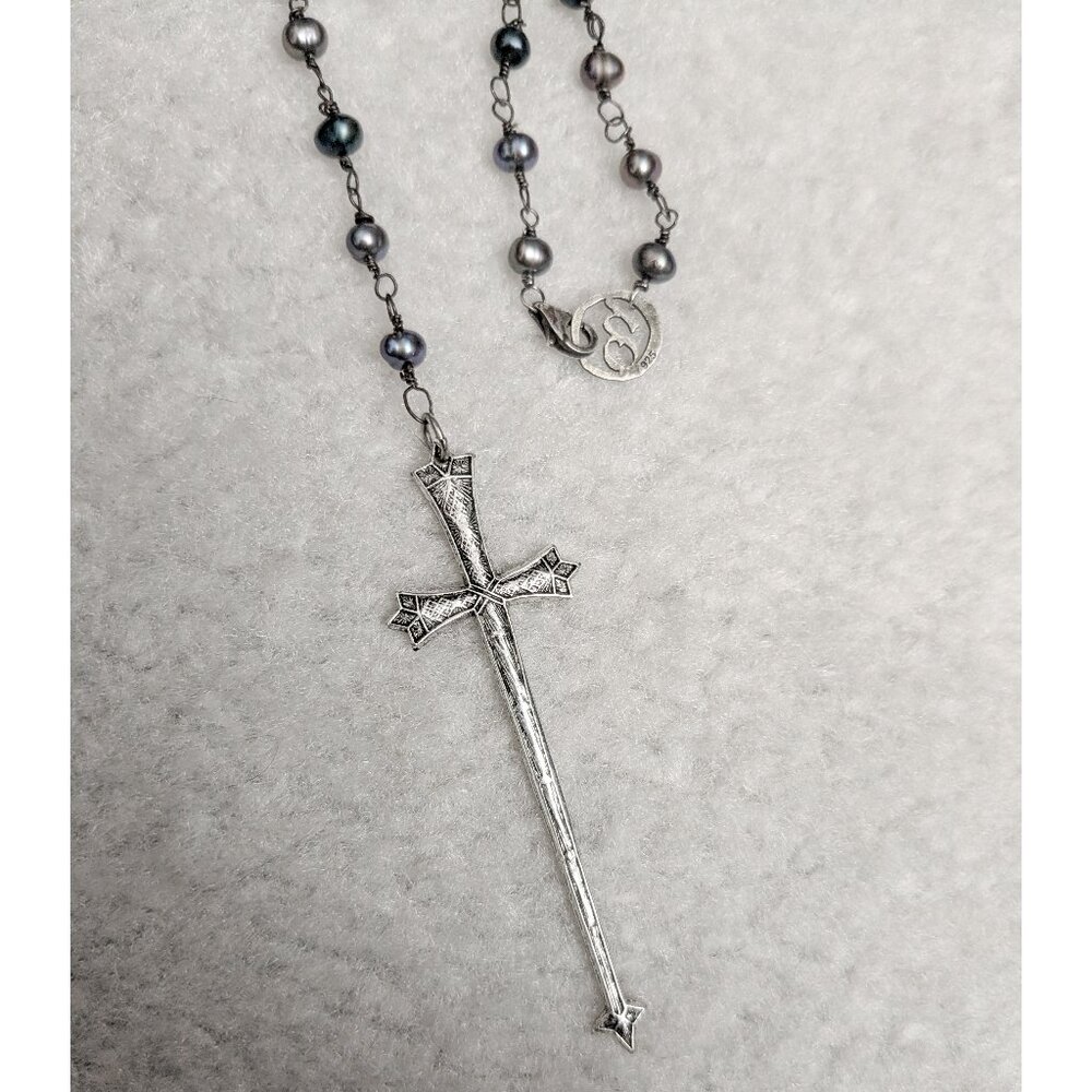 Handmade Sword Cross Rosary Necklace with Freshwater Pearls and Sterling Silver